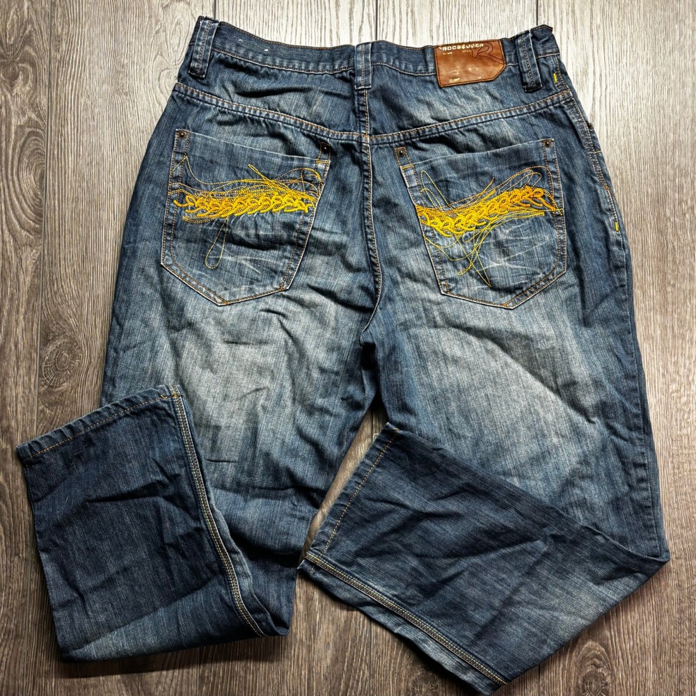 Vintage Rocawear Baggy Jeans Mens 36x28 Dark Wash Embroidered Y2K Hip Hop Denim